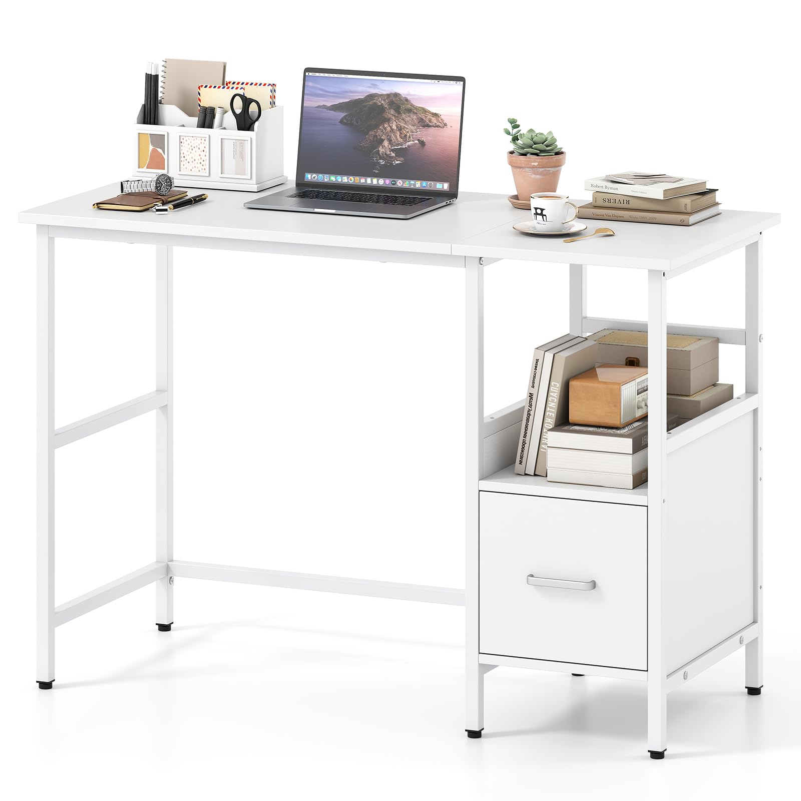 Tangkula White Desk with Storage Drawer & Shelf